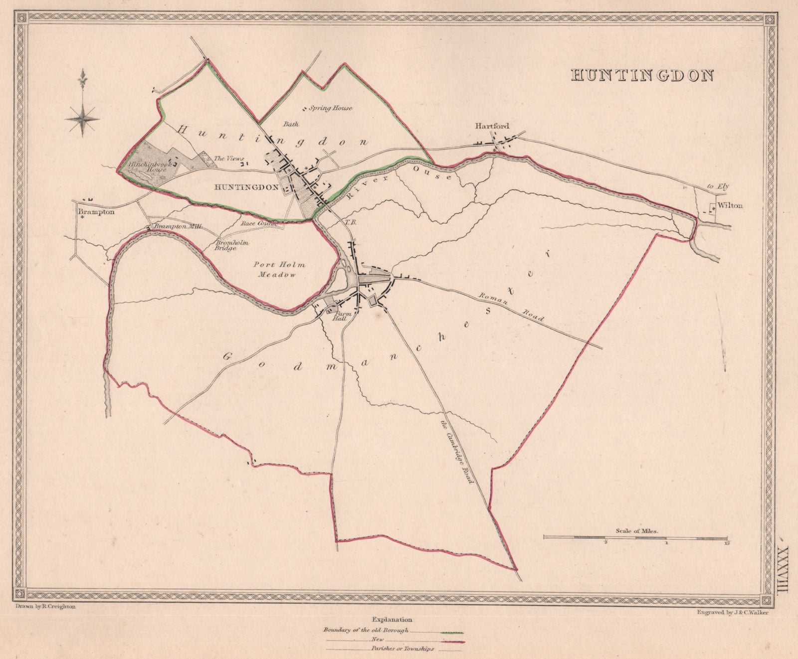 HUNTINGDON town & borough plan. Huntingdonshire. CREIGHTON/WALKER 1835 old map